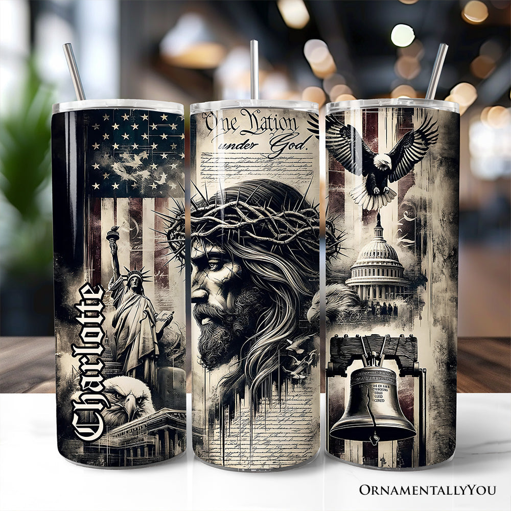 Patriotic Christian 20oz Personalized Tumbler With Lid and Stainless Steel Straw, One Nation Under God Gift Cup