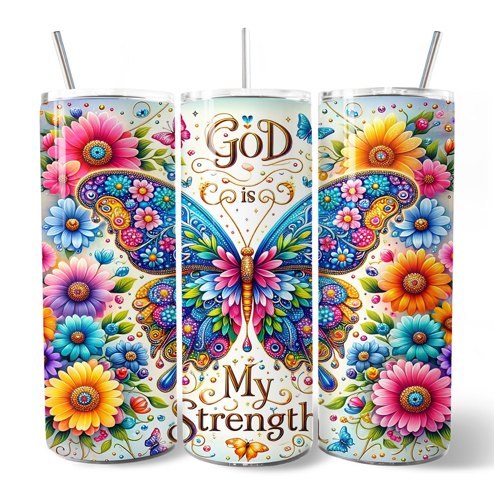 Christian Butterfly Floral 20oz Personalized Tumbler With Lid and Stainless Steel Straw, God Is My Strength Gift Cup