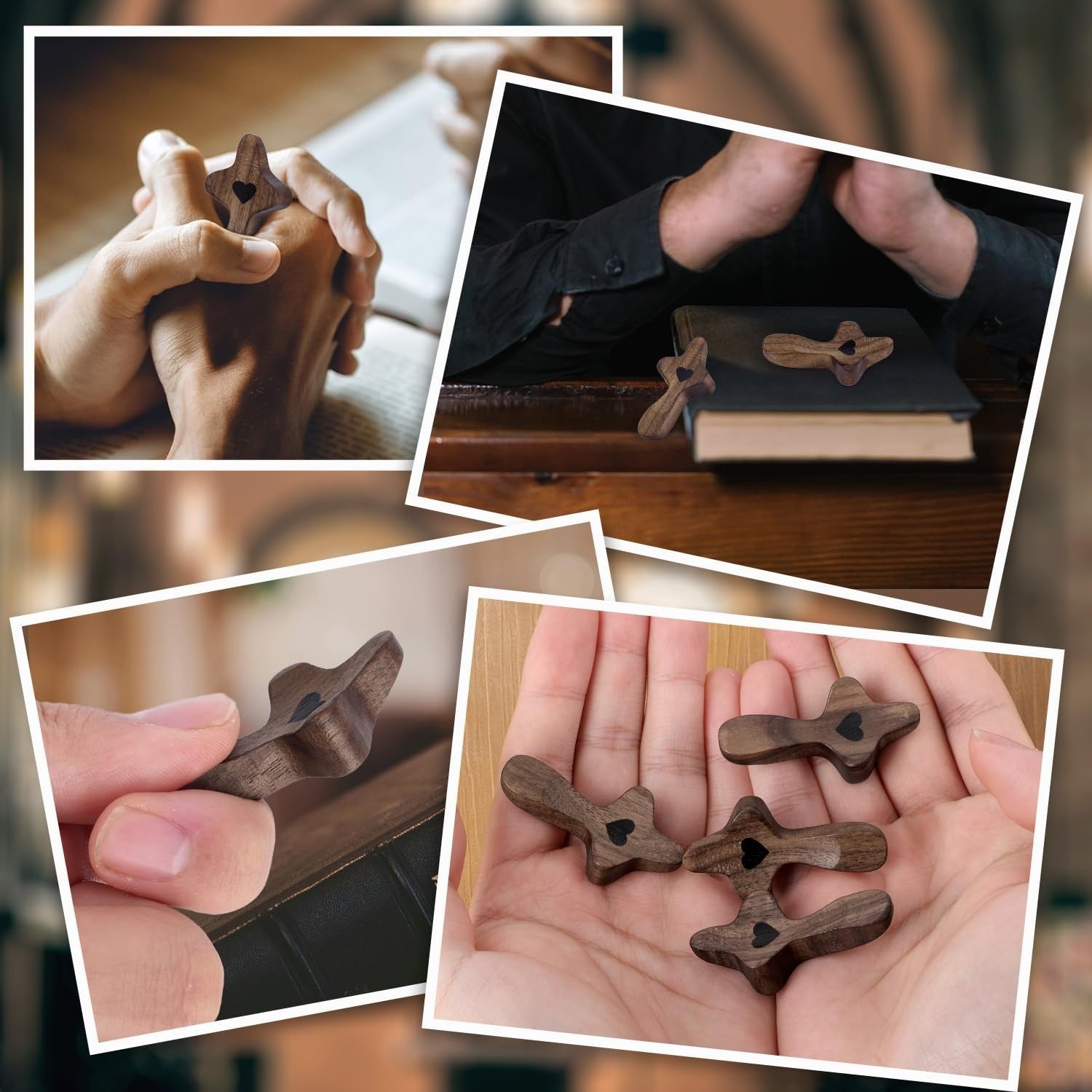 A Set Of 10 Wooden Holy Object Bags, Made Of Black Walnut Wood, Featuring Heart-shaped Patterns, Are Comforting Gifts With Religious Significance. They Are Encouraging Gifts For Christians And Handhel
