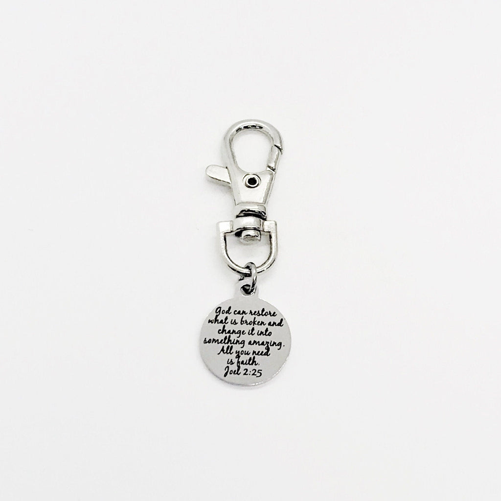 Bag Charm, God Can Restore What Is Broken Charm, Joel 2 25 Charm, Keychain Charm, Keychain Clip, Christian Gift, Restoration Gift