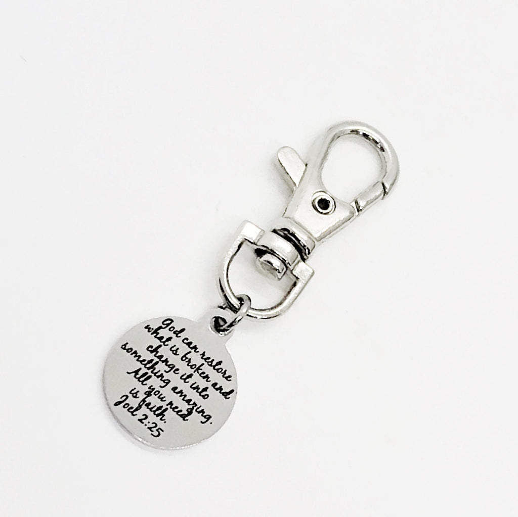 Bag Charm, God Can Restore What Is Broken Charm, Joel 2 25 Charm, Keychain Charm, Keychain Clip, Christian Gift, Restoration Gift