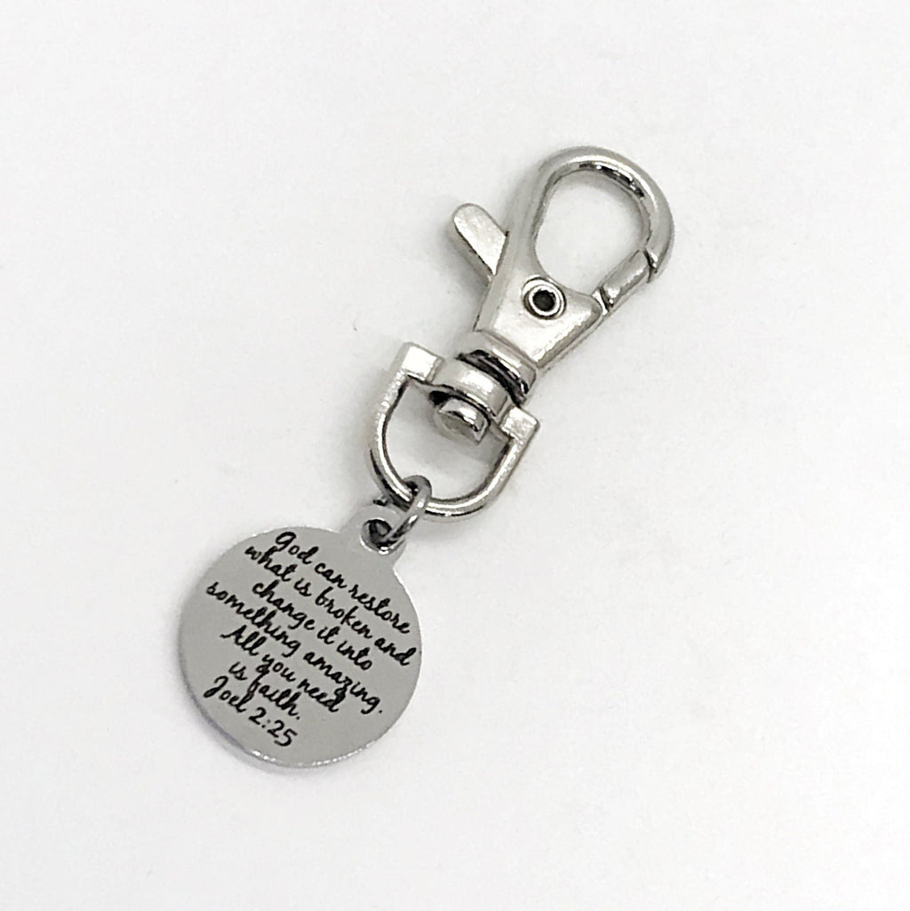 Bag Charm, God Can Restore What Is Broken Charm, Joel 2 25 Charm, Keychain Charm, Keychain Clip, Christian Gift, Restoration Gift