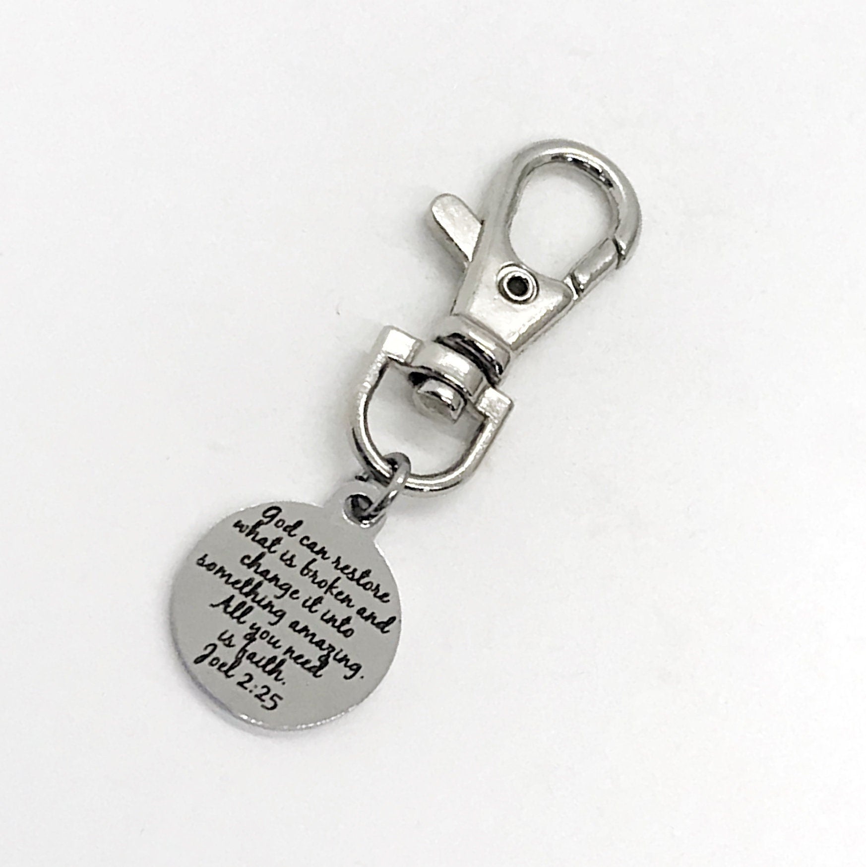 Bag Charm, God Can Restore What Is Broken Charm, Joel 2 25 Charm, Keychain Charm, Keychain Clip, Christian Gift, Restoration Gift