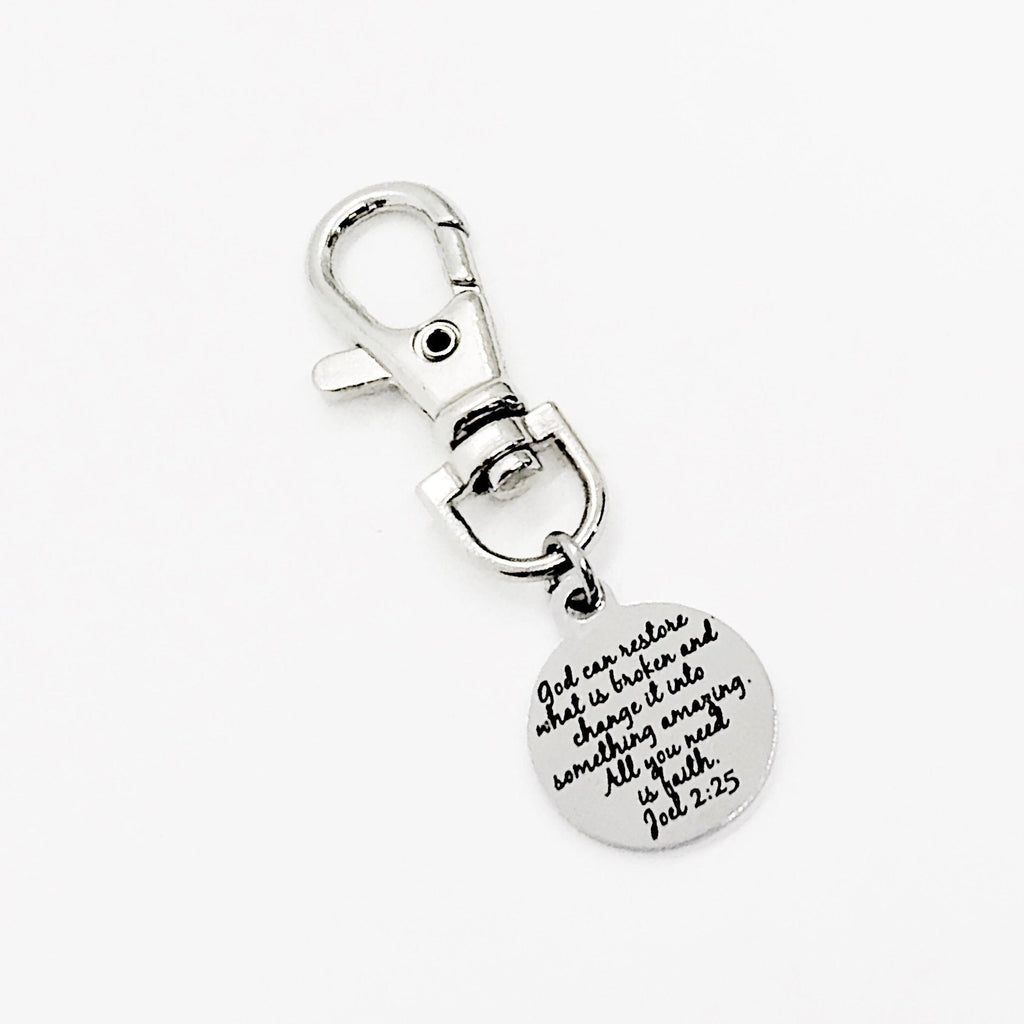 Bag Charm, God Can Restore What Is Broken Charm, Joel 2 25 Charm, Keychain Charm, Keychain Clip, Christian Gift, Restoration Gift
