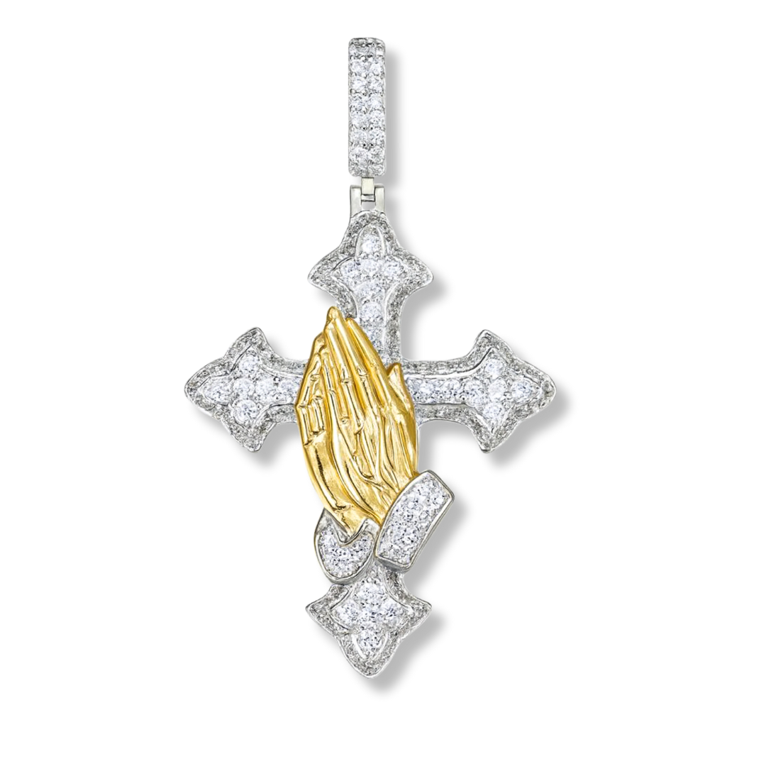 Two Tone Praying Hands Cross Pendant 925 Sterling Silver
